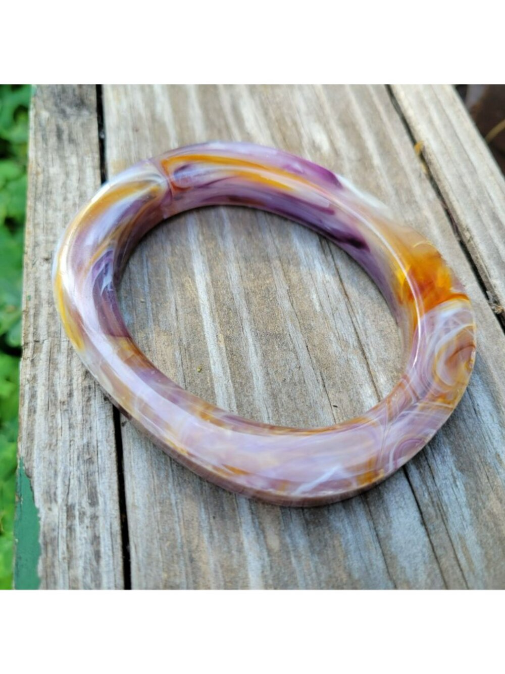 Vintage Marbled Lucite Ovoid Bangle Bracelet Purple Butterscotch Swirl Design